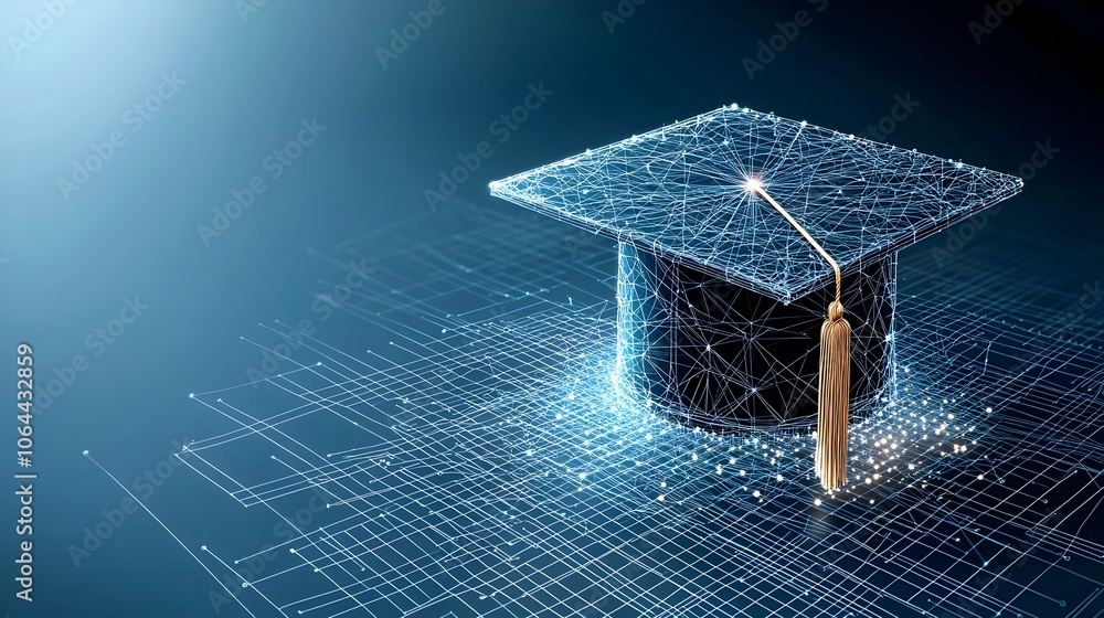 Poster depiction of a graduation cap made from bright lines and nodes floating over a connected grid highlighting the educational potential and technological innovation on a dark blue background