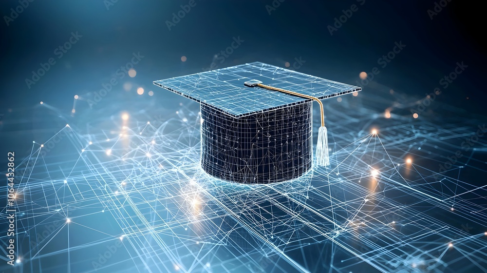 Leinwandbilder depiction of a graduation cap made from bright lines and nodes floating over a connected grid highli