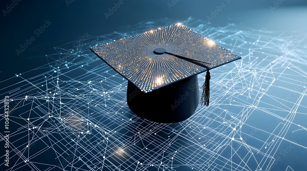 Aufkleber Digital art featuring an open graduation cap of radiant dots and lines above a networked grid symbolizing the empowerment and transformation that education can bring on a dark blue background