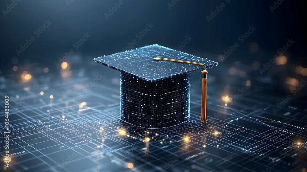 Poster Glowing abstract graduation cap constructed from digital points and lines over a network grid emphasizing the future through learning on a dark blue background