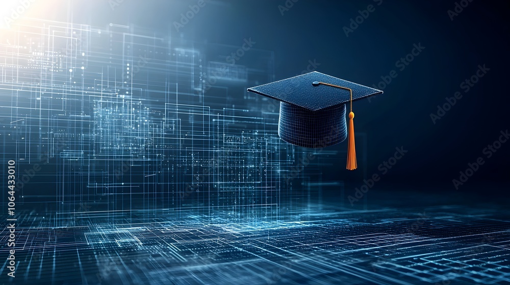Poster Glowing lines and dots creating a digital graduation cap floating over a technological grid representing the foundation of education on a dark blue background