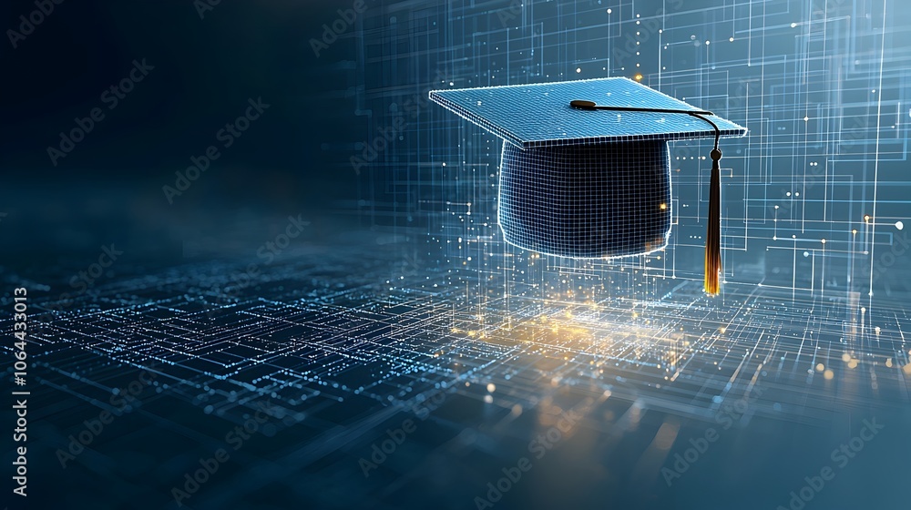 Fototapete Glowing digital graduation cap design floating over a technological grid representing the foundation of digital education and academic achievements on a dark blue background