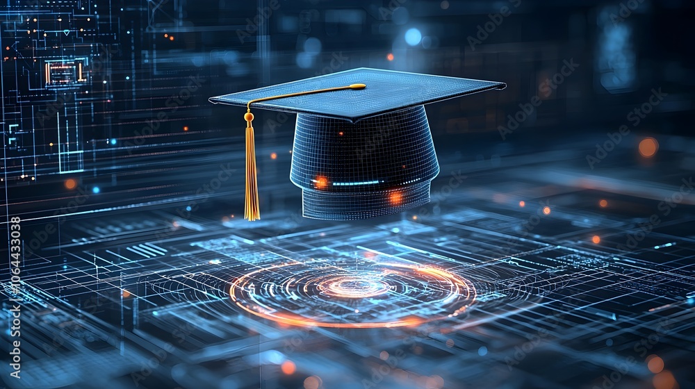 Poster Glowing digital graduation cap composed of luminous lines and dots floating over a technological grid against a dark blue background