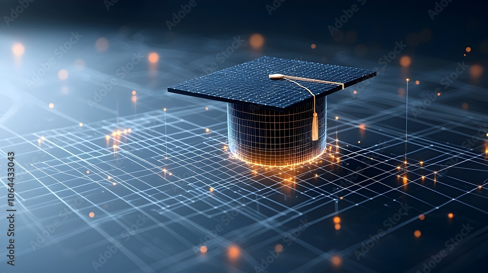 Poster Glowing abstract graduation cap made of luminous lines and dots hovering over a grid network representing the growth potential and transformation achieved through education on a dark blue background