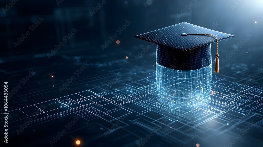 Poster Glowing digital graduation cap with lines and dots creating a futuristic technology based representation of education and academic achievement floating over a sleek
