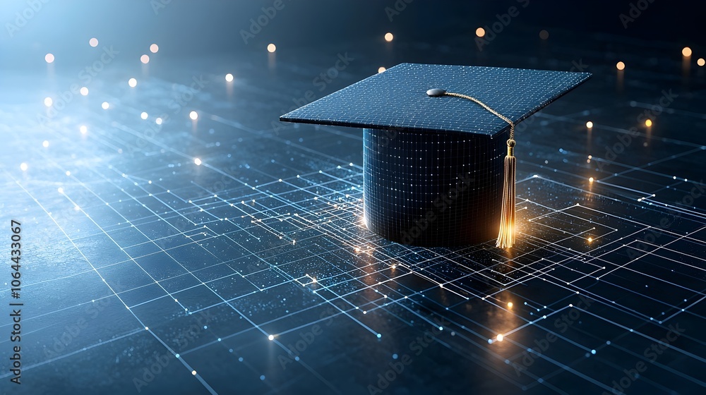 Aufkleber Glowing Graduation Cap of Luminous Lines and Dots Hovering Above a Futuristic Grid Network Representing the Growth Potential and Transformative Power of Education and Learning