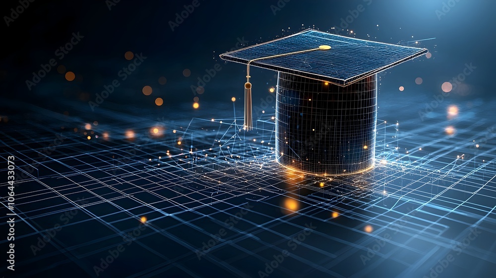 Poster Glowing abstract graduation cap with lines and dots hovering over a grid network representing growth learning and development through technology and education on a dark blue digital background