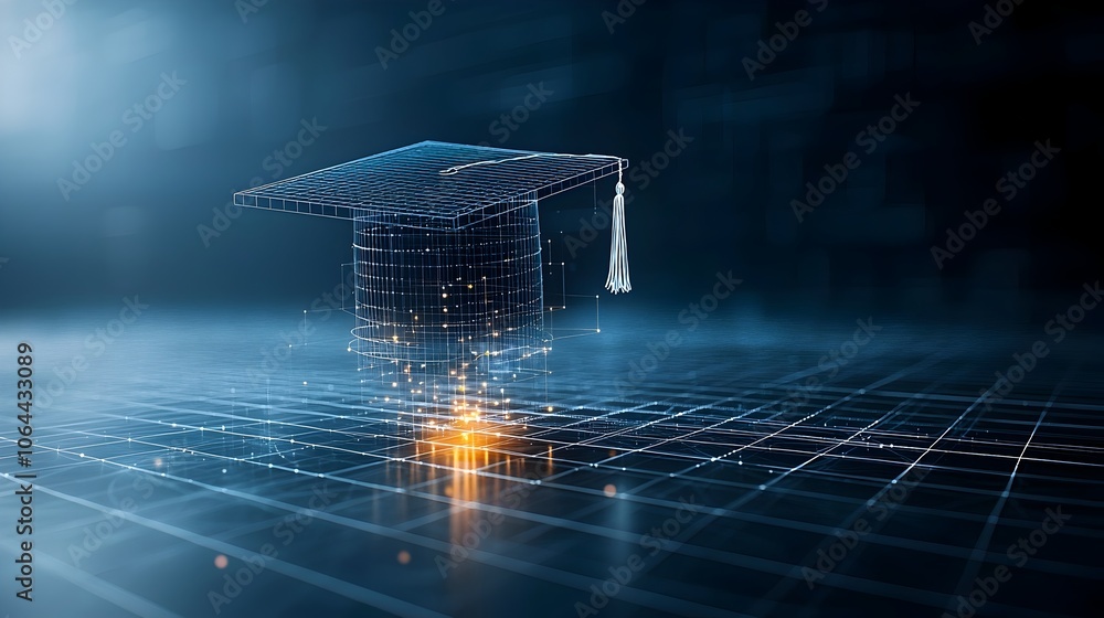 Poster Glowing abstract graduation cap composed of luminous lines and dots hovering over a grid network pattern representing growth innovation and future potential through education and learning