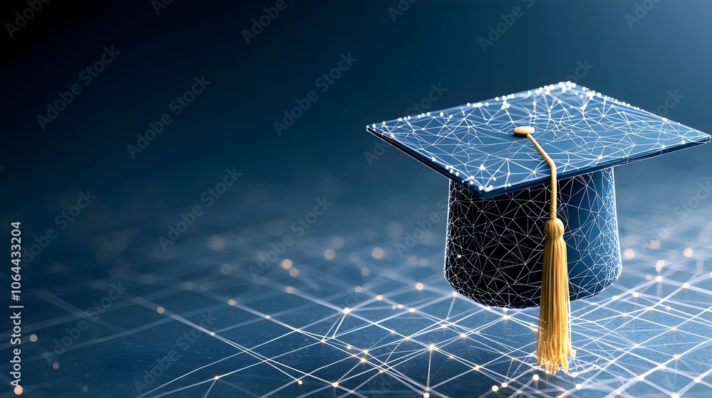 Poster Luminous abstract of a graduation cap made from glowing points and lines hovering above a grid network showcasing the impact and potential of education on a dark blue background