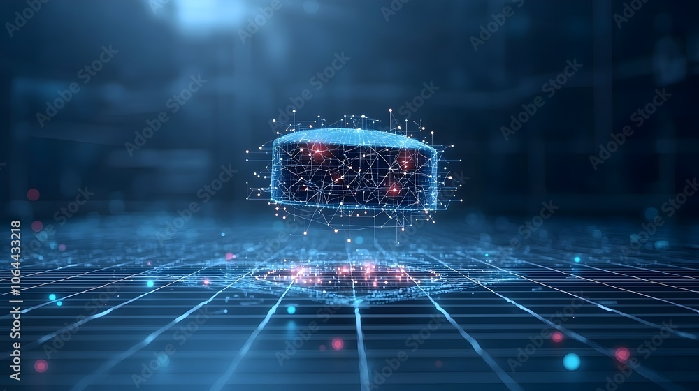 Aufkleber digital cap made from glowing dots and lines floating above a grid of connectivity symbolizing the power of knowledge and technology on a dark blue background