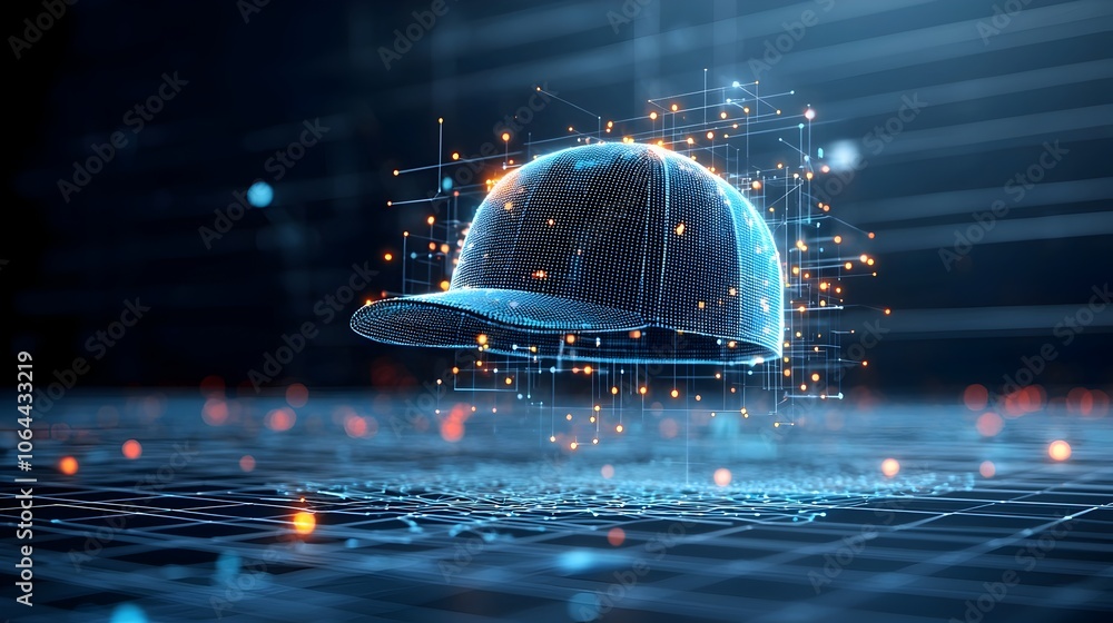 Poster digital cap made from glowing dots and lines floating above a grid of connectivity symbolizing knowledge on a dark blue background