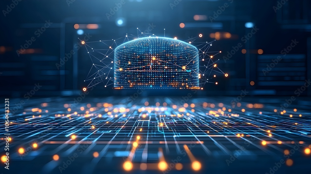 Poster digital cap made from glowing dots and lines floating above a grid of connectivity symbolizing the power of technological knowledge on a dark blue background