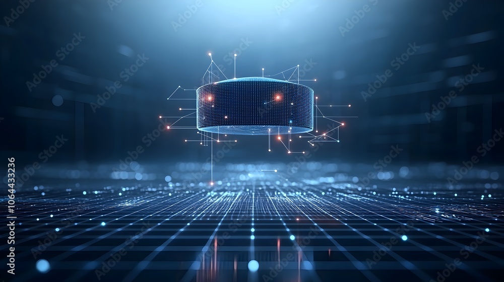 Poster digital cap made from glowing dots and lines floating above a grid of connectivity symbolizing the concept of knowledge and technology on a dark blue background