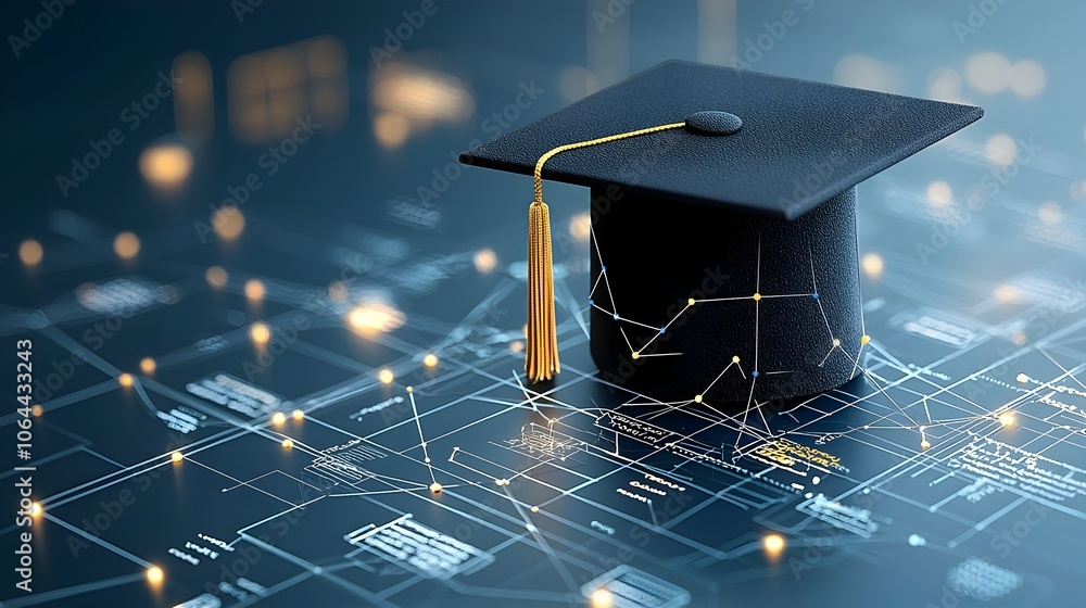 Poster Glowing graduation cap illustrated with connected lines and dots over a network grid highlighting the transformative nature of education against a dark blue background