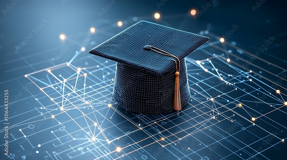 Poster glowing graduation cap illustrated with connected lines and dots over a network grid highlighting th