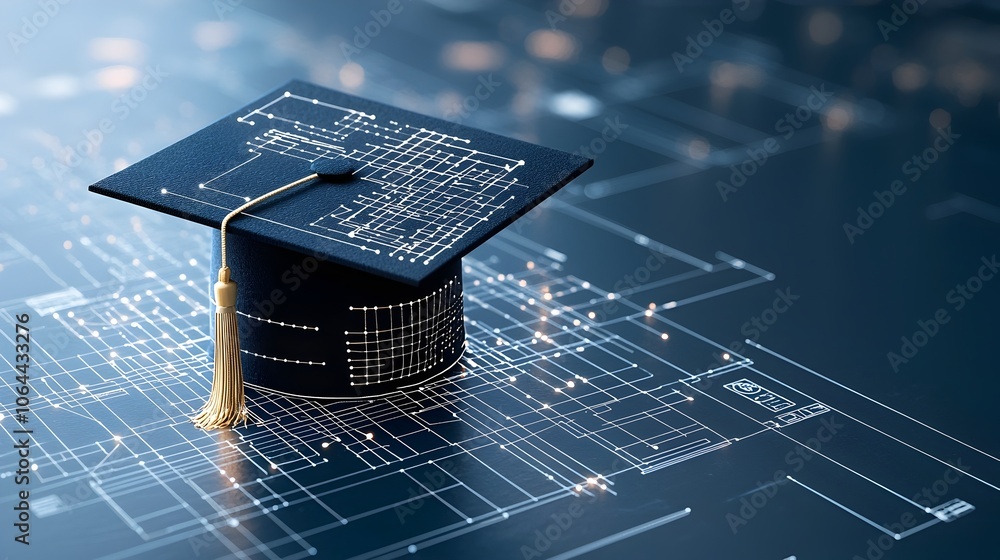 Aufkleber glowing graduation cap illustrated with connected lines and dots over a network grid highlighting th
