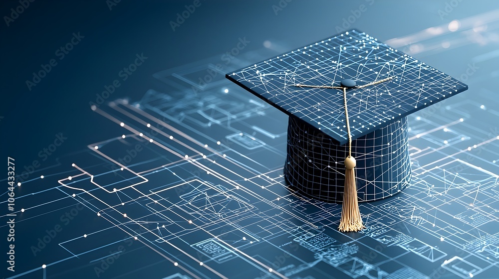 Poster Glowing graduation cap illustrated with connected lines and dots over a network grid highlighting the transformative nature of education on a dark blue background