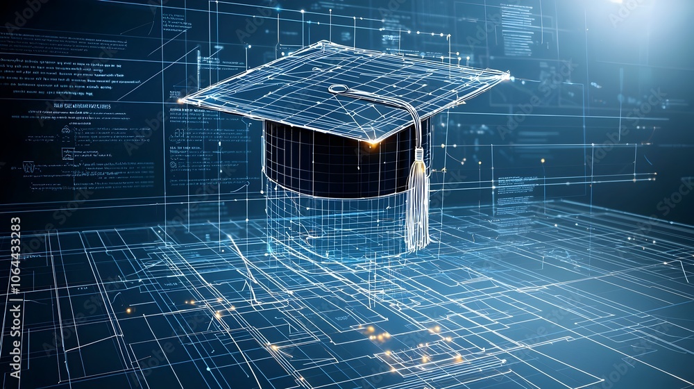 Aufkleber of an abstract graduation cap outlined by bright lines and nodes above a grid representing the path of learning and academic achievement on a dark blue background