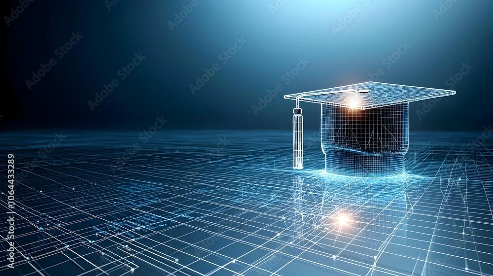 Poster Abstract digital of a graduation cap outlined by bright lines and nodes above a grid representing the path of learning and academic achievement on a dark blue background