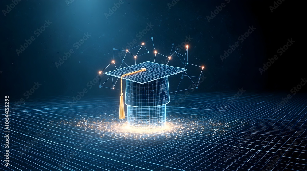 Poster Digitally rendered abstract graduation cap design outlined by bright lines and nodes above a grid representing the transformative path of learning knowledge