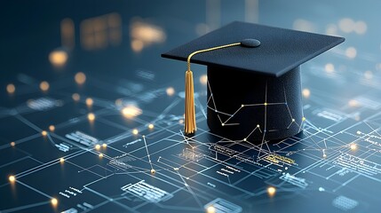 Glowing graduation cap illustrated with connected lines and dots over a network grid highlighting the transformative nature of education against a dark blue background