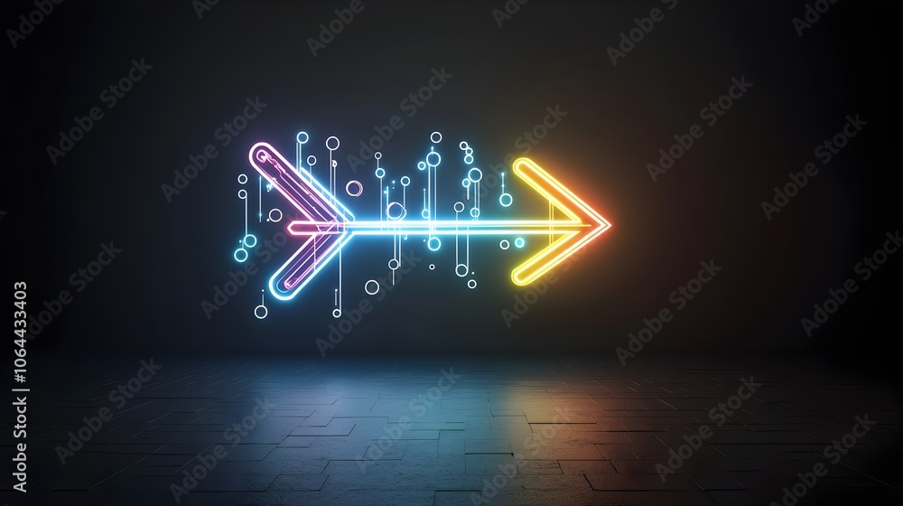 Aufkleber Colorful and Elegant Light Beam Arrow with Sleek Design Pointing to the Right at the Center on a Striking Black Background Conveying Energy and Dynamic Movement
