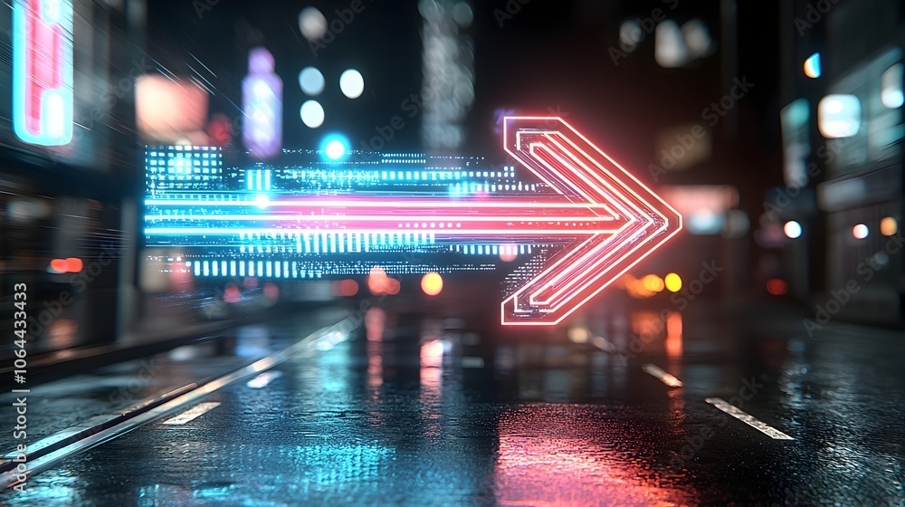 Poster Vibrant arrow made of glowing light beams radiating dynamic motion and speed pointing right on a dark abstract background  Futuristic digital and minimalist design concept