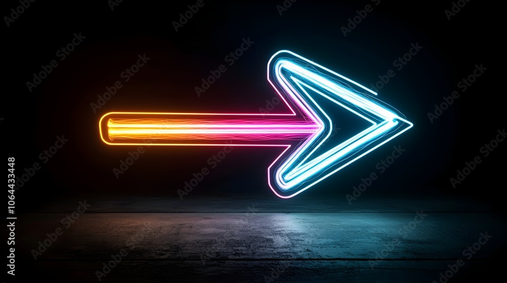 Aufkleber Vibrant dynamic of a right pointing arrow formed by colorful luminous beams of light conveying a sense of and forward movement on a dark minimalist background