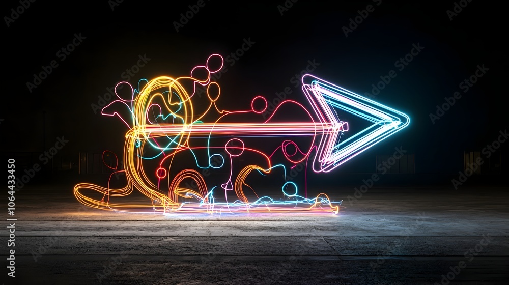Poster vibrant colorful beams of light forming a right pointing arrow conveying a sense of dynamic flow on 