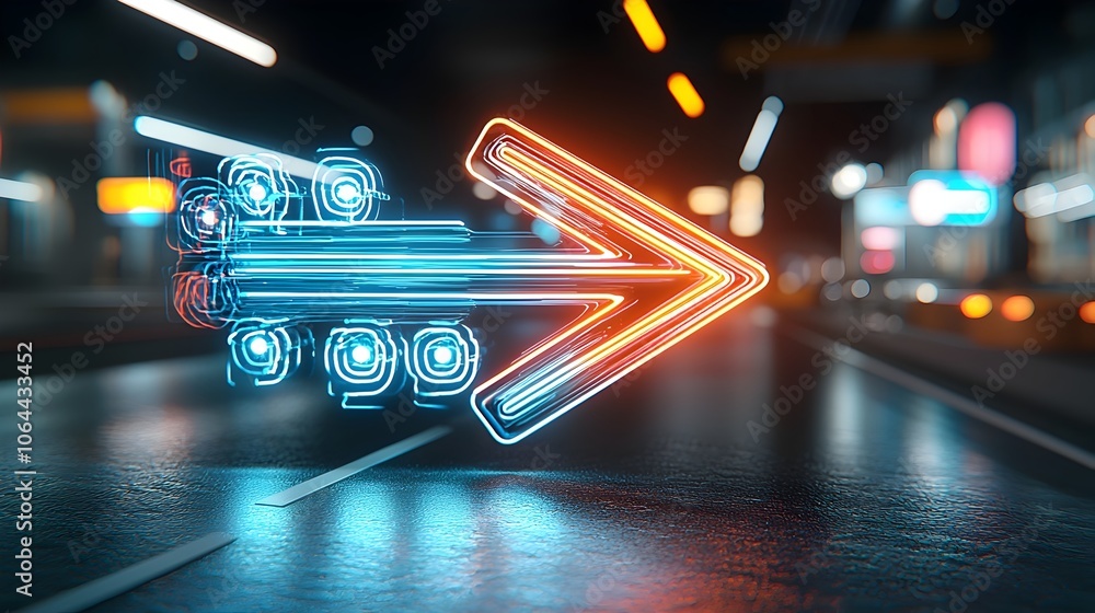 Aufkleber vibrant glowing light beams forming an arrow shape pointing right radiating dynamic motion and speed