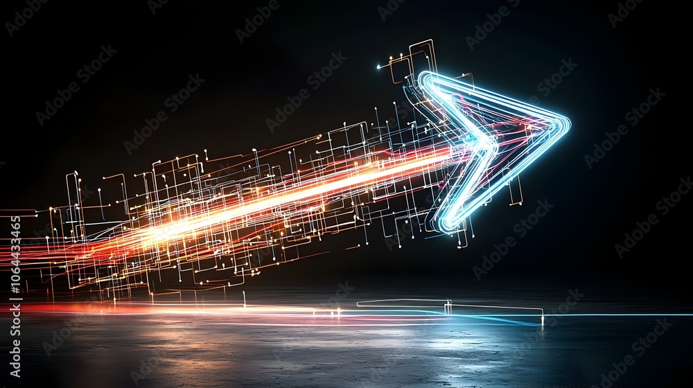 Fototapete Vibrant dynamic image of a right pointing arrow formed by bright colorful beams of light giving a sense of and flow on a dark black background  The luminous rays create an impression of speed energy