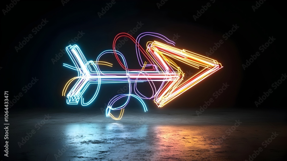 Poster Vibrant colorful beams of light forming a dynamic right pointing arrow shape suggesting a sense of energy against a dark geometric background