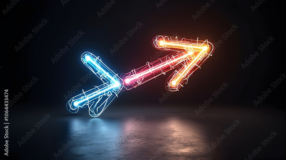 Poster Elegant and dynamic light beam arrow pointing to the right filled with bright vibrant colors and a sense of motion set against a dark black background for a modern