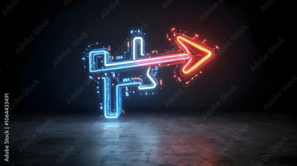 Poster Elegant and dynamic light beam arrow composed of vibrant colors and motion pointing towards the right on a dark black background