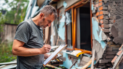 Man assessing damage to a house after a natural disaster with clipboard
