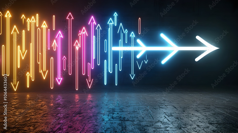 Poster glowing arrow of vivid luminous beam surging across the deep black expanse with fluid motion and dyn