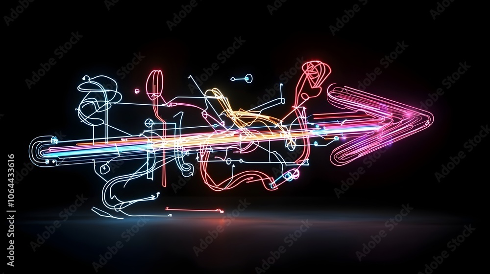 Aufkleber Glowing colorful arrow shaped beams pointing right against a black background creating a sense of dynamic motion and energy  This abstract futuristic conveys a concept of direction technology
