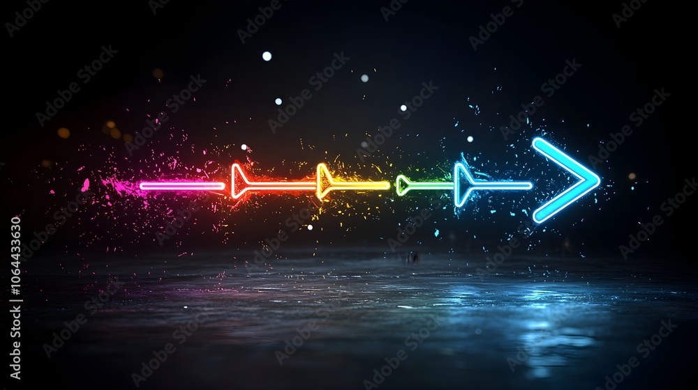 Aufkleber vibrant colorful neon arrow beams pointing to the right creating a sense of dynamic motion and radia