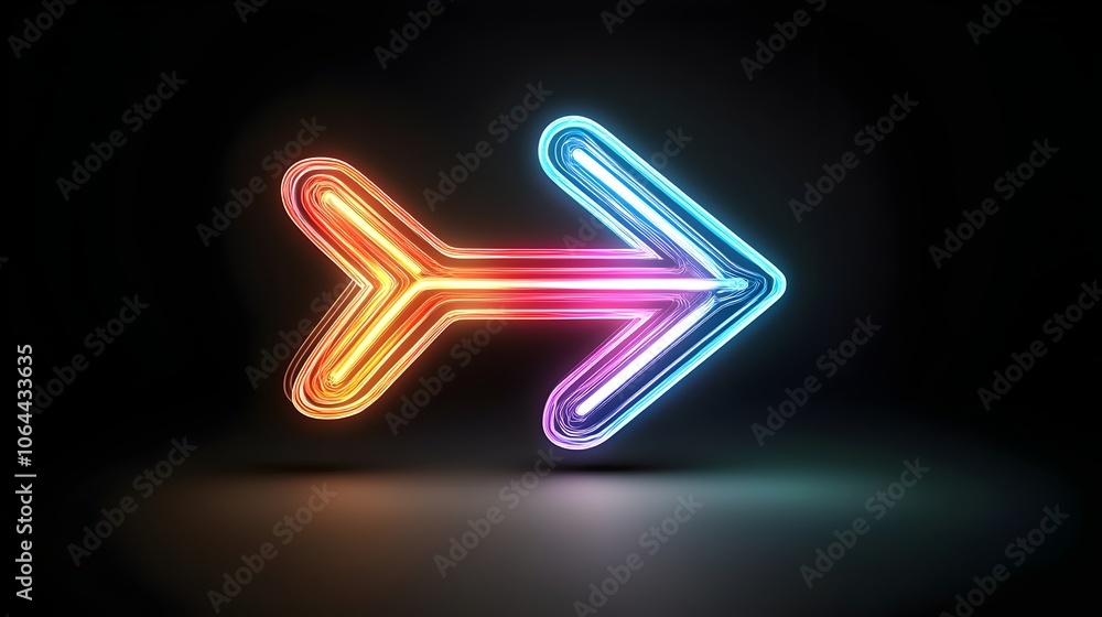 Poster Sleek and striking dynamic arrow shape composed of multicolored glowing light beams pointing to the right set against a bold black background for a modern futuristic visual effect