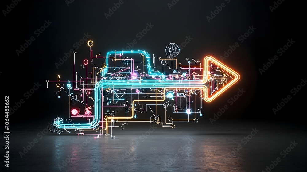 Aufkleber Vibrant colorful glowing arrow shaped beams of light pointing to the right creating a sense of dynamic motion energy and forward momentum on a dark background