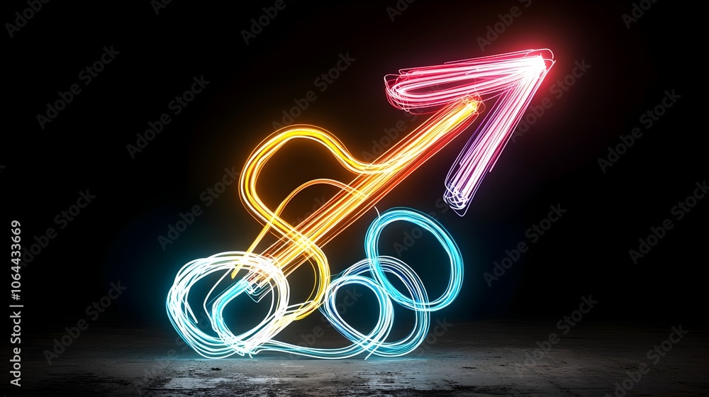 Aufkleber Radiant directional arrow formed by dynamic flowing colorful beams of light on a dark background  This abstract futuristic graphic design element represents energy motion and guidance