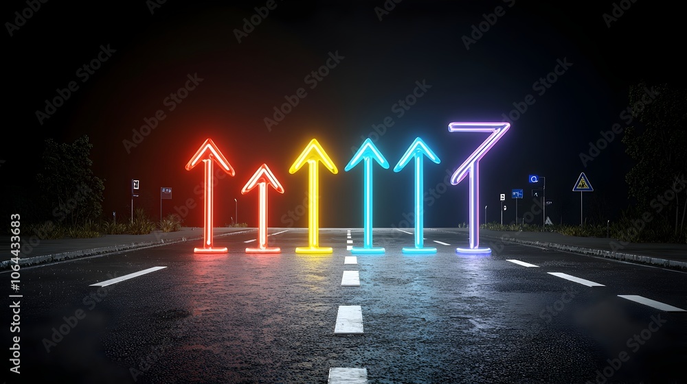Poster Vibrant and dynamic abstract composition featuring a colorful glowing arrow shape made of beams of light creating a sense of motion and energy on a sleek black background