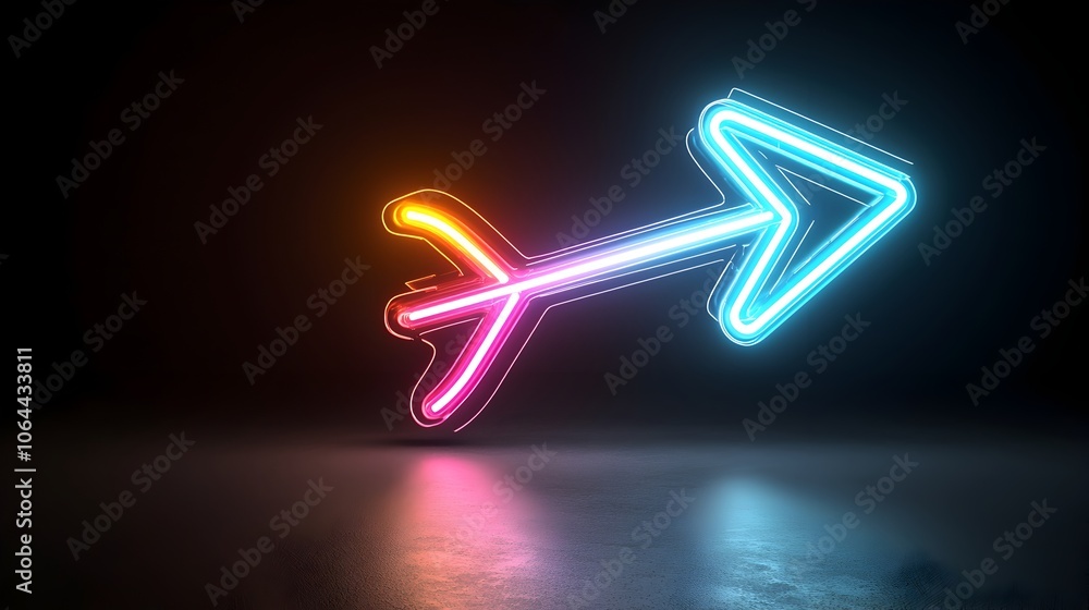 Poster Vibrant colorful arrow of glowing light beams aiming dynamically with a sleek speedy appearance against a dark gradient background
