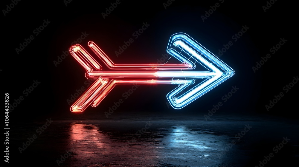 Poster Elegant and vivid arrow shaped light beams pointing dynamically to the right set against a deep black background with a sense of flow speed and futuristic technology