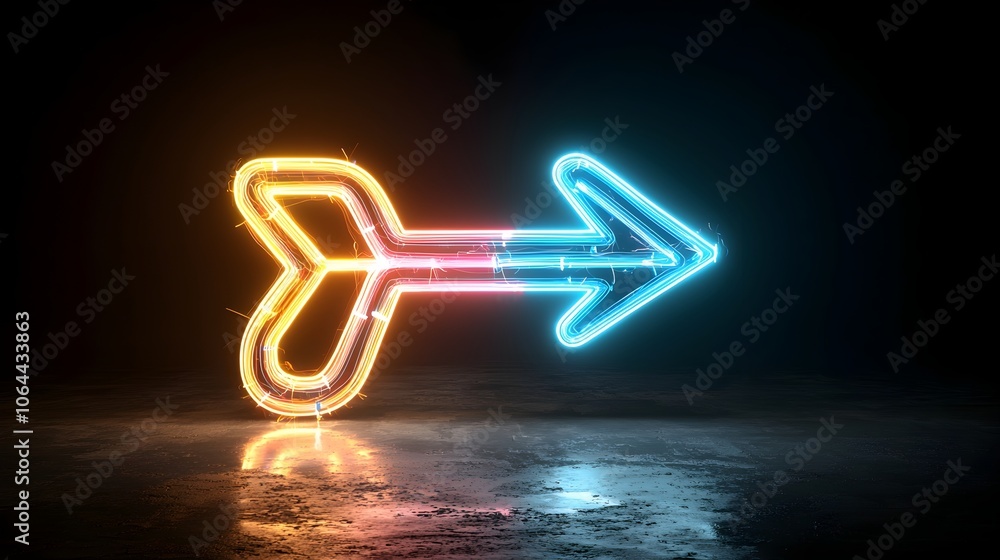 Aufkleber Bright luminous beams of light forming a dynamic right pointing arrow creating a sense of swift movement and energy on a dark black background