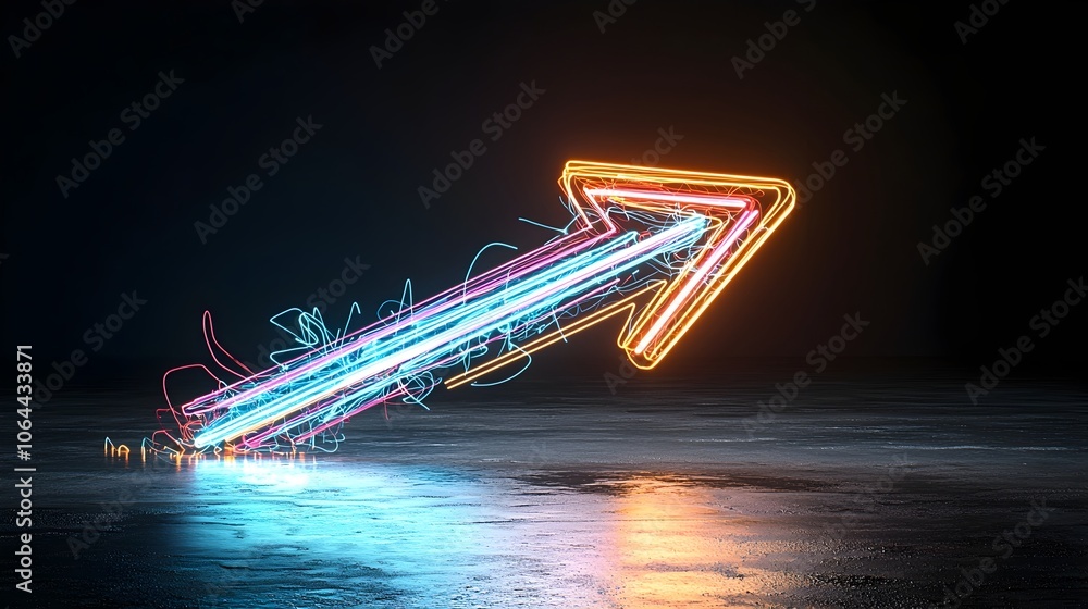 Aufkleber Colorful and Luminous Arrow Shape Created by Glowing Beams of Light Conveying a Sense of Swift Movement and Dynamic Energy on a Dark Backdrop