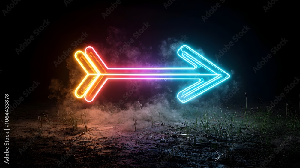 Aufkleber Bright colorful beams of light forming a dynamic right pointing arrow shape that conveys a sense of swift energetic movement against a dark background