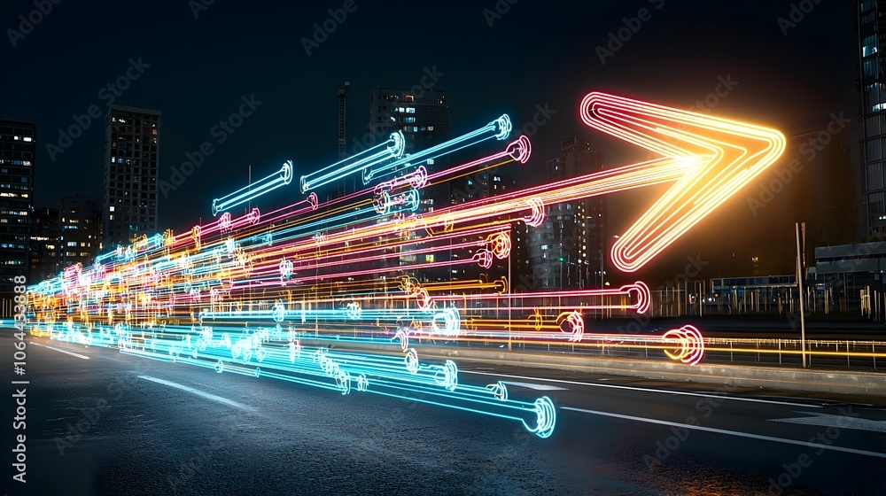 Poster A dynamic and vibrant abstract composition featuring a right pointing arrow created by glowing beams of bright colorful light against a dark background giving an impression of swift