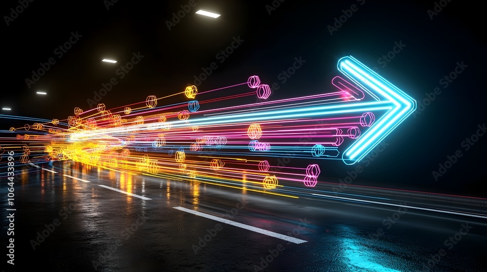 Aufkleber vibrant colorful beams of energy forming an elegant fast moving arrow pointing right over a dark moo