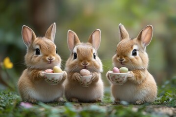 Fototapeta premium Whimsical gathering of bunny family enjoying sweet treats in a lush garden setting